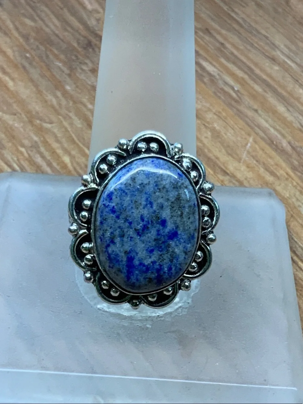 Lapis Lazuli Gemstone Oval 925 Scalloped Bezel Edge Ring - 8.5